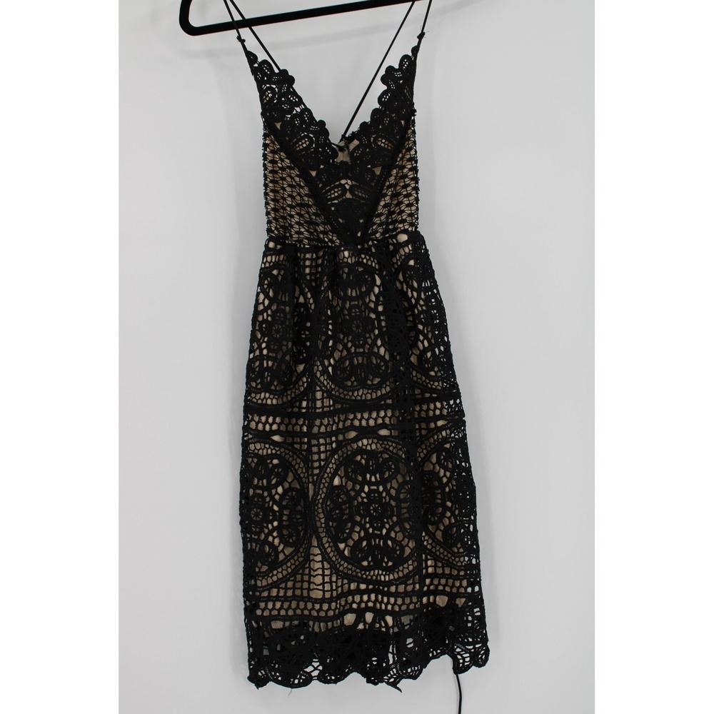 Black Lace Cocktail Dress Womens XL‎ Nude Lined Strappy Midi Elegant Party Sexy